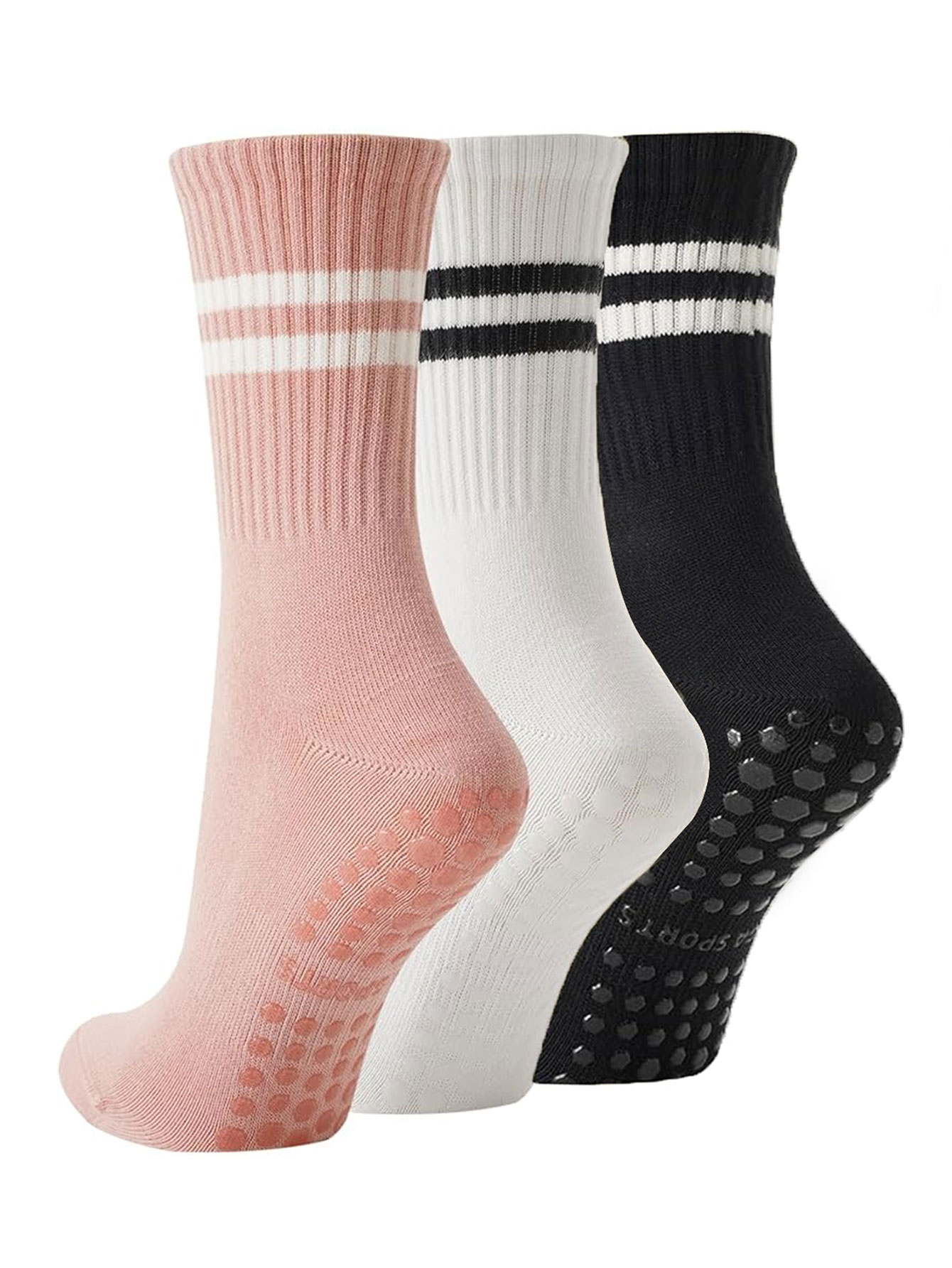 Pilates Yoga Grip Socks - 3足組のヨガソックス、滑り止め付きプロフェッショナル女性用ピラティス厚手スポーツフィットネスランニング縄跳び用滑り止めソックス、室内フィットネスソックス