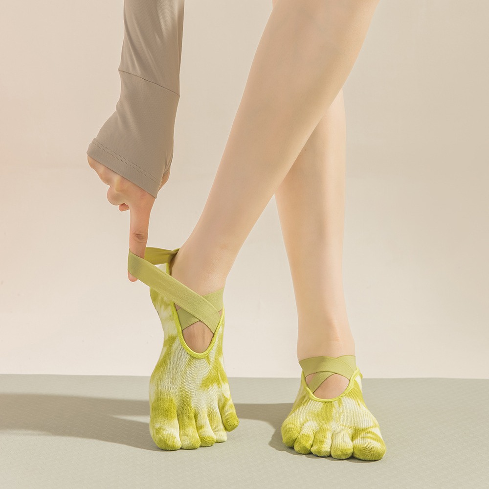 Pilates Yoga Grip Socks - 女性用タイダイ柄5本指グリップヨガソックス、ストラップ付きスプリットトゥピラティスソックス、通気性のあるコットン製滑り止めソックス（屋内スポーツ用）