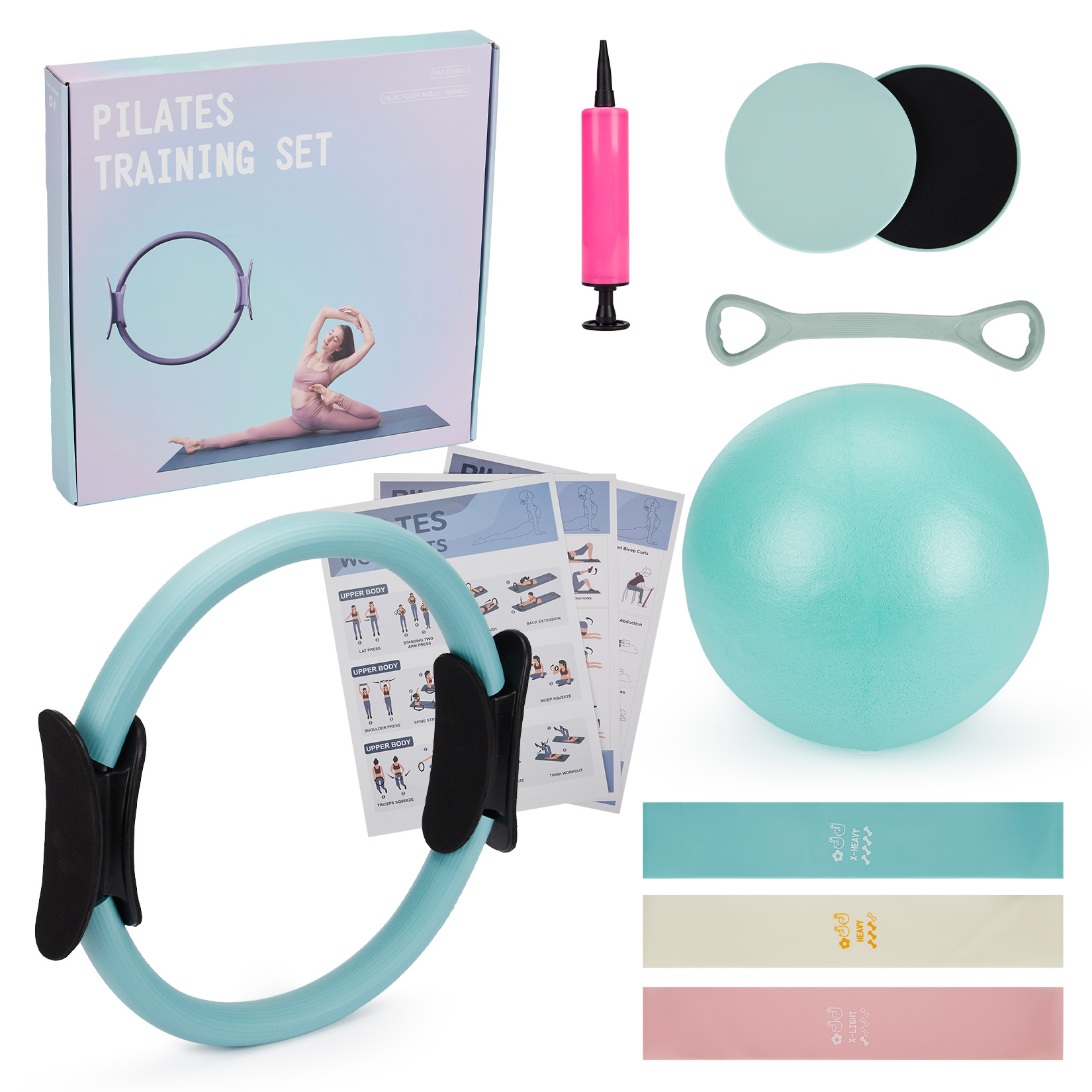 Pilates Ring Magic - ピラティス トレーニングセット、6-in-1 ピラティスリング、エクササイズボール、レジスタンスバンド、コアスライダー、トーニングバー、ホームジムヨガフィットネス用ワークアウトガイド